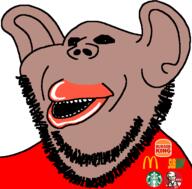 amerimutt big_ears black_sclera black_skin burger_king clothes exaggerated kfc lips mcdonalds mutt open_mouth red_shirt redraw soyjak starbucks stubble subvariant:impish_amerimutt subway variant:impish_soyak_ears // 704x692 // 46.8KB