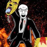 4chan ack blood bloodshot_eyes burning clothes decapitation fire furry open_mouth parody spine suit variant:cobson variant:feraljak // 768x768 // 83.5KB