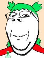 4chan anime artist:xjanny badge clothes glasses green_hair hair smile stubble suba subvariant:wholesome_soyjak text variant:gapejak yotsoyba // 600x800 // 20.3KB
