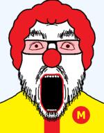 clothes clown glasses hair mcdonalds open_mouth red_hair ronald_mcdonald ronaldmcdonald_(user) soyjak text translucent_background variant:flartson // 410x524 // 21.1KB