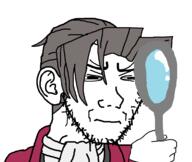 ace_attorney arm beard closed_mouth clothes concerned ear frown glasses hair hand magnifying_glass meta:tagme miles_edgeworth soyjak squinting stubble suit tuxedo variant:soyak videogame // 971x819 // 29.2KB