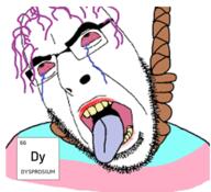 ack ahegao anhero bloodshot_eyes chemistry crying dead dysprosium element flag gender_dysphoria glasses hair hanging makeup open_mouth pun purple_hair rope soyjak stubble suicide tongue tranny variant:cobson yellow_teeth // 543x494 // 189.3KB