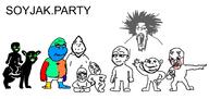 animal baby black_skin blood closed_eyes closed_mouth clothes colorful deformed doe ear full_body glasses glowing_eyes green_eyes hair multiple_soyjaks mustache oekaki pointing schizo smile soyjak soyjak_party subvariant:jacobson subvariant:schizojak subvariant:wholesome_soyjak thougher variant:a24_slowburn_soyjak variant:gapejak variant:impish_soyak_ears variant:ishish_soyak_ears variant:markiplier_soyjak variant:soyak variant:unknown waving // 2046x968 // 287.2KB