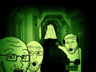 4soyjaks arm blanket ear ghost glasses green_lights hand headphones holding_object horror microphone open_mouth scared soyjak stubble subvariant:soyak_(concerned) variant:impish_soyak_ears variant:soyak variant:two_pointing_soyjaks // 700x526 // 113.3KB