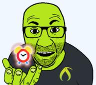 artist:bucephalus_(kiwi_farms) clock clothes glasses green_skin hand holding_object kiwifarms late looking_at_you negrate open_mouth perro_hold series:kiwiperros soyjak sticker stubble subvariant transparent_background tshirt variant:el_perro_rabioso // 820x720 // 68.5KB