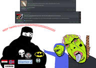 ack angry arab arabic_text balaclava bara batman batman:_arkham_knight batman_(series) breasts buff caligraphy cobsontalks cordsontalks crying discord discord_trannies discord_tranny discordianism flag:norway glasses hanging islam kiwifarms kufic meta:namefags mge moobs mudslime muscular_male muslims norway open_mouth pointing punisher punisher_face rantsona rope shahada shiwi smile soybooru soyjak stubble subvariant:cobsontalks subvariant:impish_amerimutt tranny variant:chudjak variant:cobson variant:impish_soyak_ears warrior-z_(user) // 2100x1500 // 1.1MB