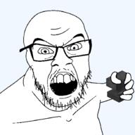 angry anvil arm glasses hand holding_object minecraft mustache open_mouth soyjak stubble variant:feraljak // 1355x1355 // 31.0KB