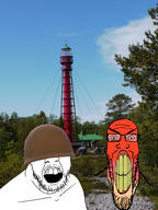 2soyjaks angry clenched_teeth clothes glasses hat helmet incomprehensible irl_background lighthouse open_mouth soyjak stubble variant:feraljak variant:markiplier_soyjak // 2112x2816 // 3.1MB