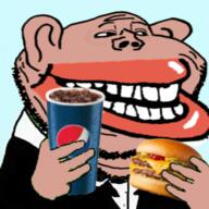 amerimutt cup ear frog hamburger hand holding_object pepe pepsi smile soda soyjak stubble subvariant:impish_amerimutt tuxedo variant:impish_soyak_ears // 334x334 // 128.9KB