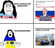 arm azov_battalion black_lives_matter clothes discord hair hand long_hair makeup merge nato open_mouth pointing raised_fist_(symbol) soyjak stubble tshirt ukraine variant:alicia variant:shirtjak vladimir_putin // 1924x1677 // 1.1MB