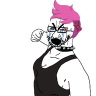 arm bloodshot_eyes bowtie breasts clothes crying enbie female fist glasses hair hand medium_breasts open_mouth pink_hair sleeveless_shirt soyjak stubble thick_eyebrows variant:cryboy_soyjak // 1080x1164 // 348.5KB