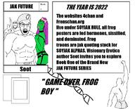 2022 4chan angry arm black_future buff frenschan frog glasses green_skin hand meme open_mouth pepe purple_hair soot soyjak soyjak_party stubble text variant:feraljak variant:gapejak // 833x672 // 62.8KB