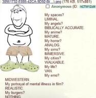 4chan analog_horror anime biblically_accurate_angel clothes crocs crossed_arms fat full_body glasses liminal_space midwest_emo nothingburger realistic_portrayals_of_mental_illness_in_film shirtless shorts smile stubble subvariant:wholesome_soyjak text the_sims van_life variant:gapejak walkable_cities wordswordswords // 828x846 // 77.1KB