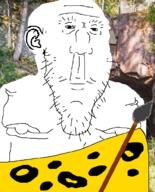 caveman closed_mouth ear fat green_skin nipple soyjak spear stretched_chin stubble variant:greenpaintedfacejak // 800x991 // 505.7KB