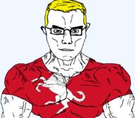 arm aryan blue_eyes british buff closed_mouth clothes ear england flag flag:kent glasses hair kent red_shirt soyjak subvariant:chudjak_front subvariant:muscular_chud tshirt united_kingdom variant:chudjak vein yellow_hair // 1059x929 // 126.9KB