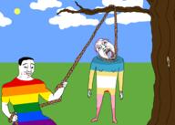 bloodshot_eyes crying flag full_body gay glasses holding_object holding_rope lynching map_(pedophile) monkeypox neovagina open_mouth pedophile rope tongue tranny tree variant:bernd variant:chudjak yellow_teeth // 1008x720 // 168.1KB