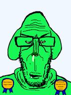 aliased award bloodshot_eyes booger closed_mouth drool ear eyebrows forehead_lines glasses green_clothes green_skin medalit mediator meta:the_fact_that_this_wasn't_posted_here_before_is_fucking_astonishing mustache nose stubble subvariant:euromutt text variant:markiplier_soyjak // 1125x1511 // 54.5KB