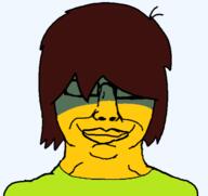 closed_mouth deltarune glasses green_shirt hair kris_(deltarune) looking_at_you shadow smile soyjak transparent_background variant:chudjak yellow_skin // 574x541 // 42.3KB