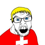 blue_eyes clothes country flag flag:switzerland glasses hair open_mouth soyjak stubble switzerland variant:feraljak yellow_hair // 1500x1500 // 31.9KB