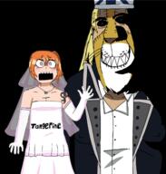 2soyjaks absalom_(one_piece) evil ginger_hair gown lion long_hair nami_(one_piece) one_piece orange_hair request shocked short_hair subvariant:hornyson text variant:cobson variant:soytan yellow_hair // 1221x1280 // 527.8KB