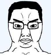 angry closed_mouth ear frown glasses hair lips soyjak subvariant:chudjak_front template thick_eyebrows transparent_background variant:chudjak // 708x769 // 16.1KB