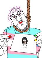 3000 anhero balding beanie bloodshot_eyes blush closed_mouth gif_(4chan) glasses hand hanging holding_object meta:3000_soytan_get meta:get meta:soytan_wnbag necklace noose rope sign soy soyjak soylent soytan_will_always_be_brim stickman stubble subvariant:nuplier suicide swabag template tranny transgender_flag variant:markiplier_soyjak variant:soytan // 676x913 // 111.3KB