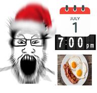 bacon blur breakfast breakfast_for_dinner christmas clothes egg glasses hair hat irl july july_1 open_mouth plate santa_hat soyjak stubble variant:markiplier_soyjak // 1042x1000 // 596.7KB