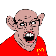 amerimutt balding black_sclera clothes ear hair mcdonalds meta:not_a_duplicate mutt mutt_lips no_beard red_lips red_shirt shaved subvariant:feralmutt tan_skin variant:feraljak // 1177x1177 // 29.7KB