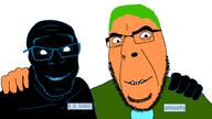 2soyjaks antiswarthy_(namefag) b_b_ghast_(namefag) black_skin closed_mouth clothes friendship glasses glowing green_hair hugging lanny-toe_basqueemps_albano no_more_brother_wars orange_skin smile stubble underbite variant:cobson variant:feraljak // 1920x1075 // 81.2KB