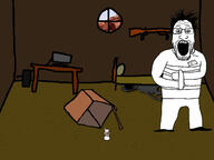 2soyjaks bed bottle box clothes computer crazy desert full_body glasses gun hiding impjak_adventure impjak_adventure1 name_tag no_eyes no_nose open_mouth soy soyjak stubble subvariant:fingerboy table text tired variant:impish_soyak_ears variant:markiplier_soyjak window // 2500x1875 // 213.8KB