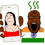 breasts brown_skin female holding_phone indian indian_flag israeli_flag jewish_nose pajeet queen_of_spades spade star_of_david stink_lines subvariant:annabelle subvariant:phoneplier variant:markiplier_soyjak // 1600x1600 // 761.1KB