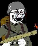 angry belt black_background bloodshot_eyes clothes collar_tabs combat_helmet crying epaulettes fire flamethrower flammenwerfer_35 glasses helmet historically_inaccurate holding_object iron_cross looking_to_the_right military military_combat_uniform military_uniform nazi_germany nazism no_teeth open_mouth politics reichsadler schutzstaffel schutzstaffel_uniform soldier soyjak stubble thick_eyebrows variant:cryboy_soyjak weapon wehrmacht wehrmacht_uniform world_war_2 // 851x1024 // 601.4KB