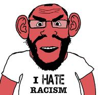 angry anti_racist balding beard clothes ear glasses hair i_hate open_mouth red_skin soyjak subvariant:science_lover text tshirt variant:markiplier_soyjak // 816x785 // 122.7KB