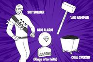 alarm armband belt closed_mouth coal fortnite full_body gem glasses hammer minecart purple_background sledgehammer smug soy soylent stubble variant:soyak white_text // 1500x1000 // 211.5KB
