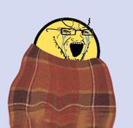 blanket bloodshot_eyes comfy crying glasses open_mouth soyjak stretched_mouth stubble variant:soyak yellow yellow_skin yoba_face // 600x579 // 265.0KB
