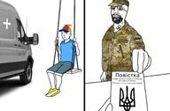 arm army beard car closed_mouth cyrillic_text glasses hand kid mobilization paper smile soyjak ukraine variant:bartender // 2340x1531 // 556.7KB