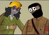 Warrior-Z(user) adolf_hitler award blush brown_eyes clothes cute female flag:nazi_germany glasses green_shirt hair hand iron_cross lemon lemon_(user) looking_at_you shy sourtan stubble uniform variant:sackjak variant:soytan // 1994x1440 // 1.3MB