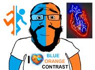 beard blue blue_skin closed_mouth clothes glasses heart i_love orange orange_skin portal subvariant:science_lover text trend:colorjak tshirt variant:markiplier_soyjak video_game // 1058x784 // 400.2KB