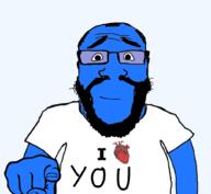 arm beard blue_skin calm closed_mouth clothes glasses hair heart i_love looking_at_you pointing pointing_at_viewer smile soyjak subvariant:science_lover text tshirt variant:markiplier_soyjak white_shirt wholesome you // 1017x935 // 176.4KB