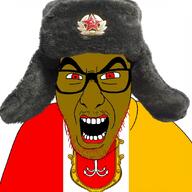 OdessanBvll(namefag) angry beard clothes communism dyed_beard dyed_hair flag:odessa hammer_and_sickle hat red_beard red_eyes soyjak ushanka variant:slitherjak // 1080x1080 // 427.3KB