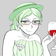 blush clothes crystal_cafe diamond drawing ear female femjak gem green_eyes green_hair hat smile subvariant:gapejak_female subvariant:wholesome_soyjak variant:gapejak white_skin wine woman // 1378x1378 // 781.5KB
