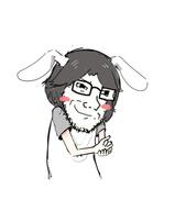 4chan animal_ears arm blush closed_mouth clothes ear glasses hair hand hiroyuki judaism rabbit rabbit_ears rubbing smile smug soyjak stubble subvariant:soyak_(smug) tshirt variant:soyak // 483x582 // 97.1KB