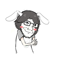 4chan animal_ears arm blush closed_mouth clothes ear glasses hair hand hiroyuki judaism rabbit rabbit_ears rubbing smile smug soyjak stubble subvariant:soyak_(smug) tshirt variant:soyak // 483x582 // 97.1KB