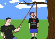 2soyjaks arm brown_hair buff closed_mouth clothes crying drawn_background full_body glasses grass hand hanging hat holding_object holding_rope leg lynching murder mustache noose open_mouth outdoors playstation rope smile soyjak tongue tree variant:bernd variant:chudjak watch white_skin wristwatch xbox yellow_teeth // 2100x1500 // 116.5KB