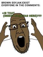 brown_skin glasses hand hands_up meta:tagme open_mouth stubble text variant:ppp // 1536x2048 // 581.0KB