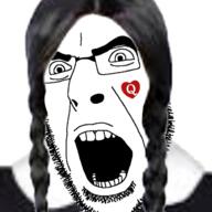 angry bwc glasses hair open_mouth queen_of_hearts soyjak stubble tattoo variant:cobson wednesday_adams // 628x627 // 280.9KB