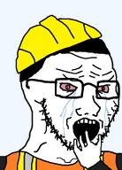 black_shirt bloodshot_eyes clothes construction_worker crying glasses hair hand hard_hat sad soyjak stubble subvariant:crying_soyak2 variant:soyak vest white_skin // 970x1348 // 39.1KB