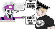 baited_somebody_award conservativewaluigi_(namefag) crying fume leaking nordic_chad open_mouth pointing pointing_chud raging red_eyes speech_bubble text trollface variant:chudjak white_background // 2599x1389 // 1.2MB