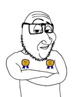 award badge closed_mouth crossed_arms decent_human_being glasses media_literacy smile smirk smug soyjak stubble text variant:smugjak // 564x699 // 82.7KB
