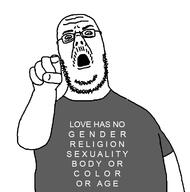 arm clothes fat glasses hand open_mouth pedophile pointing pointing_at_viewer soyjak stubble text tshirt variant:unknown // 712x718 // 27.5KB